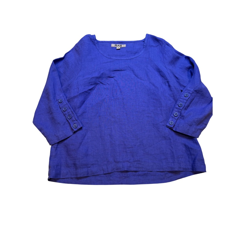 FLAX Linen Button Sleeve‎ 3/4 Sleeve Top Shirt Royal Blue Size P